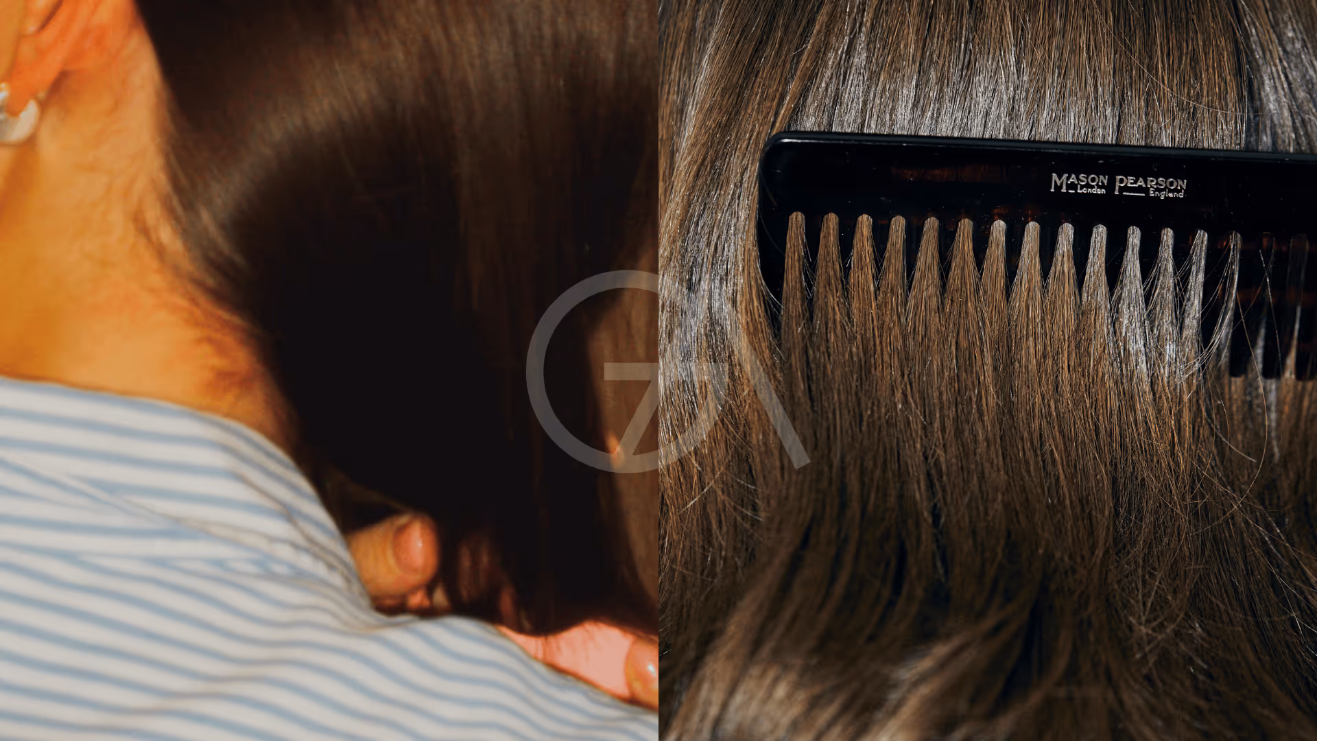 Kollage med två bilder som visar hår som tas om hand: Ena bilden visar hår bakifrån som kramas om, andra bilden visar friskt och välmående hår som kammas med en glestandad kam