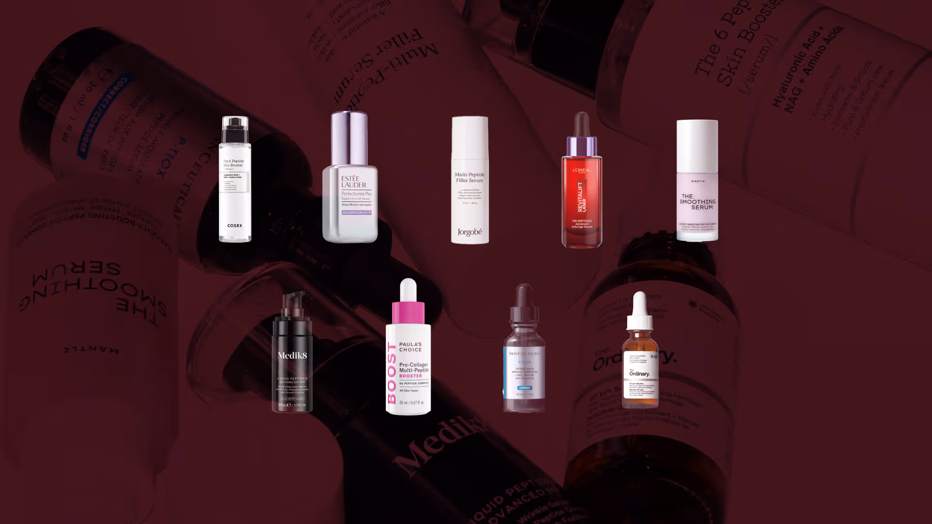 Stort test av serum med peptider, Estée Lauder Pro Rapid Firm + Lift Serum Hexapeptides 8 + 9 och Medik8 är bäst i test och syns i bild tillsammans med de andra produkterna som testades i Glowaddictions stora test av peptidserum. 