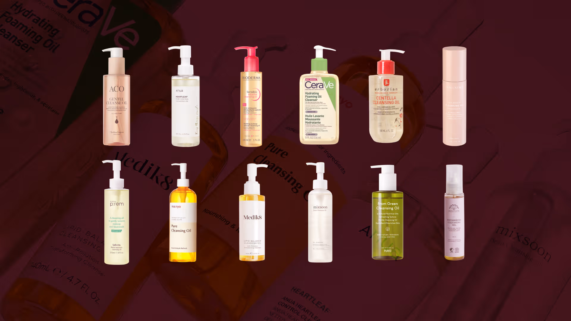 Bilden visar elva olika flaskor med oljerengöring från olika märken, uppradade mot en mörkröd bakgrund. Flaskorna varierar i färg och form. Ovanför produkterna står texten: "Alla testade produkter i vårt stora test av Oljerengöring".