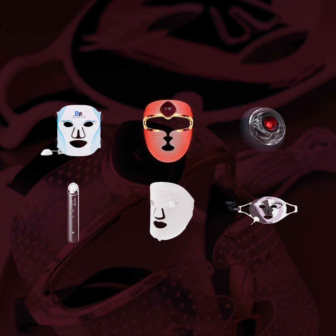 Alla testade produkter i vårt stora test av Skintech: Sex olika ansiktsmasker och hudvårdsapparater, inklusive LED-masker, en liten rund apparat med rött ljus, en stavliknande apparat samt masker i olika färger och former. Några produkter visar varumärken som Dermaceuticals och Priori, placerade mot mörk bakgrund.