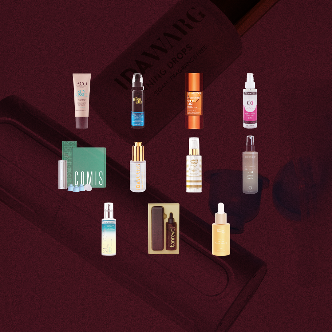 Bilden visar alla testade produkter i vårt stora test av brun-utan-sol. Elva olika produkter från märken som Löwengrip, ACO, James Read, Tanrevel, Dawarg, Clarins och Comis är utplacerade i ett rutnät mot en mörkröd bakgrund. Förpackningarna varierar mellan sprayflaskor, droppflaskor och tuber.