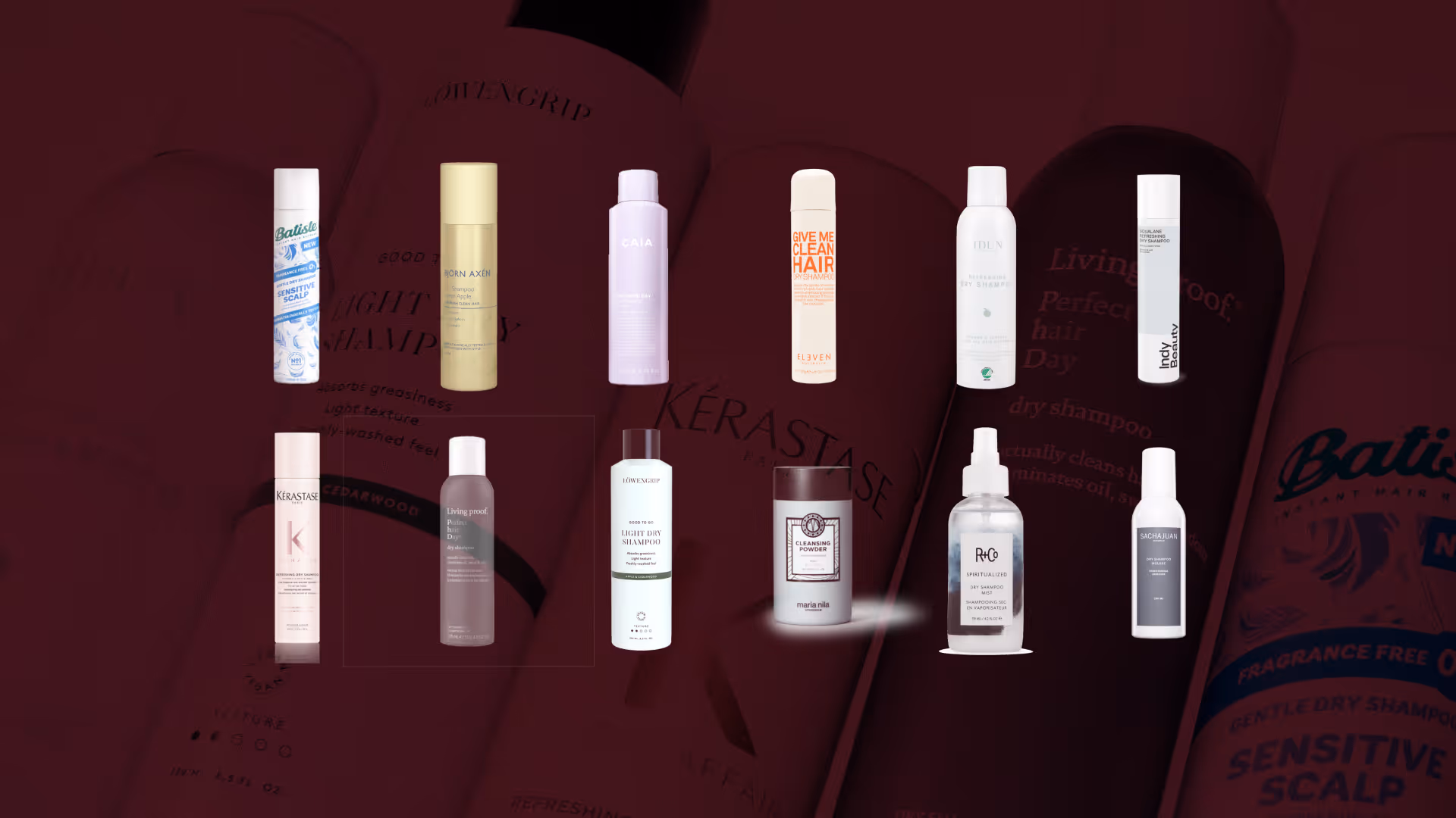Alla testade produkter i vårt stora test av torrschampo uppradade mot en mörkröd bakgrund. Elva olika torrschampon syns tydligt med sina etiketter: Batiste Sensitive Scalp, Björn Axén Dry Shampoo Green Apple, CAIA One More Day, Eleven Give Me Clean Hair Dry Shampoo, IDUN Refreshing Dry Shampoo, Indy Beauty Torrschampo, Kérastase Fresh Affair, Living Proof Perfect Hair Day Dry Shampoo, Löwengrip Light Dry Shampoo, Maria Nila Cleansing Powder och R+Co Spiritualized Dry Shampoo.