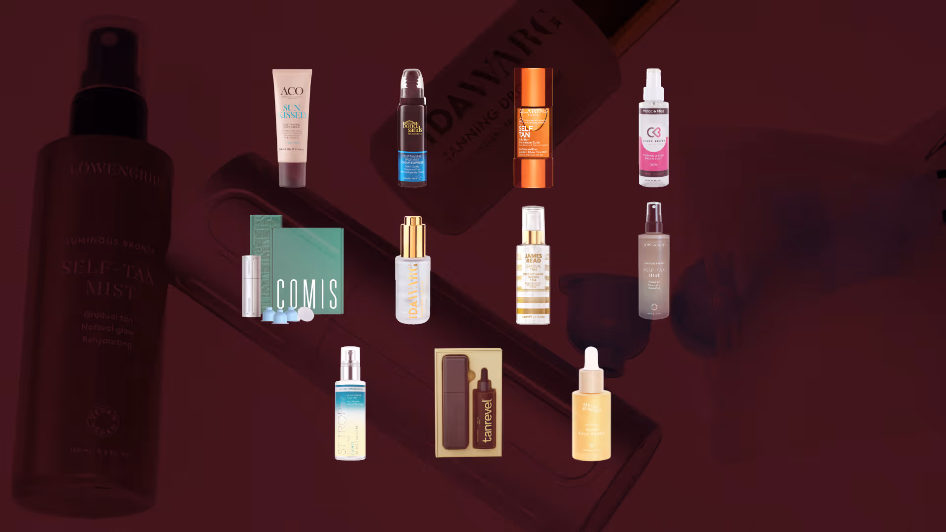 Brun-utan-sol, bäst i test. Alla 11 brun-utan-sol som testades av Glowaddictions testpanel. Märken som Löwengrip, ACO, James Read, Tanrevel, Dawarg, Clarins och Comis är utplacerade i ett rutnät mot en mörkröd bakgrund.