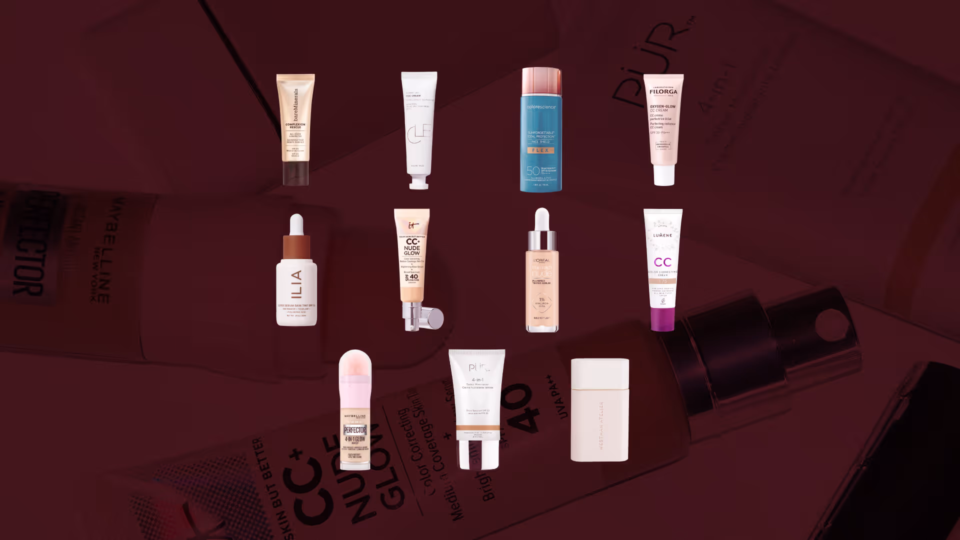 Alla testade produkter i vårt stora test av CC-cream. Tio olika CC-cream-produkter från märken som bareMinerals, ILIA, IT Cosmetics, L'Oréal, Maybelline, PUR, Filorga, Lumene, Colorescience och Westman Atelier står uppställda mot en mörkröd bakgrund.