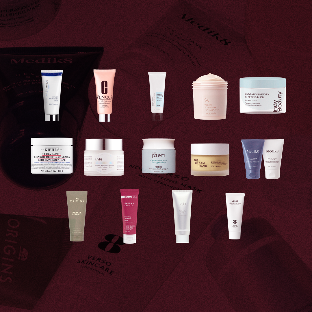 Alla testade produkter i vårt stora test av nattmask: Bilden visar femton olika nattmasker för ansiktet uppställda mot en mörkröd bakgrund, med tydliga förpackningar och etiketter från märken som Paula’s Choice, Clinique, Medik8, Dr.Ceuracle, Indy Beauty, Kiehl’s, Klairs, Make p:rem, The Dream Mask, Origins, Verso, PÜR och fler.