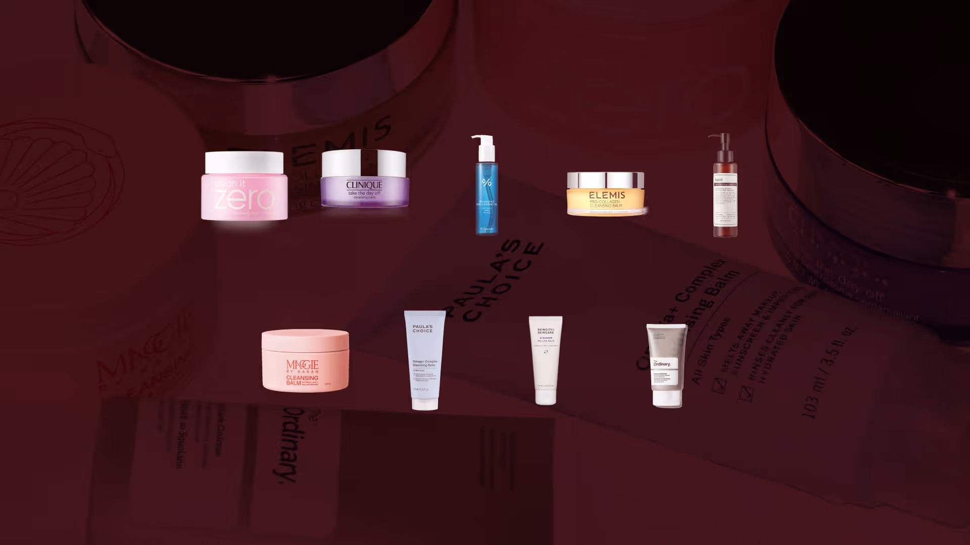 Alla testade produkter i vårt stora test av oljebalmrengöring uppställda mot en mörkröd bakgrund. Övre raden från vänster: Banila Co Clean It Zero Cleansing Balm, Clinique Take The Day Off Cleansing Balm, en blå pumpflaska (okänd produkt), Elemis Pro-Collagen Cleansing Balm och en brun pumpflaska (okänd produkt). Nedre raden: Magie Kakan Cleansing Balm, Paula’s Choice Omega+ Complex Cleansing Balm, en vit tub (okänd produkt) och The Ordinary Squalane Cleanser.
