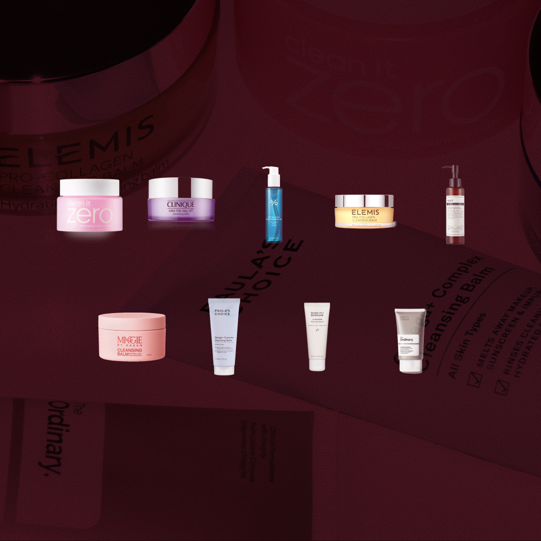 Alla testade produkter i vårt stora test av oljebalmrengöring uppställda mot en mörkröd bakgrund. Övre raden från vänster: Banila Co Clean It Zero Cleansing Balm, Clinique Take The Day Off Cleansing Balm, en blå pumpflaska (okänd produkt), Elemis Pro-Collagen Cleansing Balm och en brun pumpflaska (okänd produkt). Nedre raden: Magie Kakan Cleansing Balm, Paula’s Choice Omega+ Complex Cleansing Balm, en vit tub (okänd produkt) och The Ordinary Squalane Cleanser.