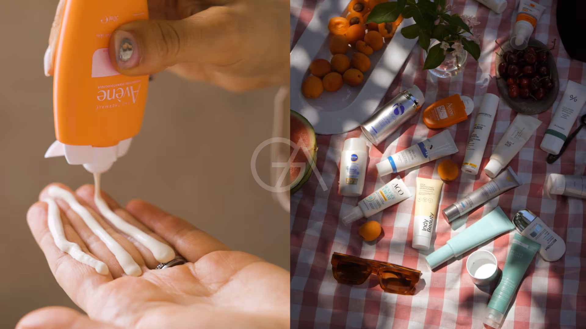 Kollage som till vänster visar en hand som klämmer ut tre strängar med solskydd på fingrarna och will vänster flertalet solskydd utspridda på en picknickfilt, glowaddictions logotyp som vattenstämpel i mitten