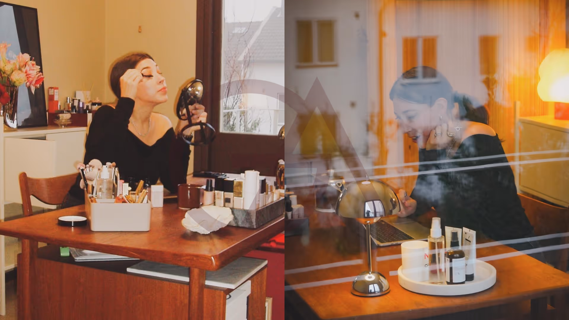 Kollage som visar Glowaddictions-Lina som till vänster sminkar sig i sitt kontor och till höger arbetar vid sin arbetsplats