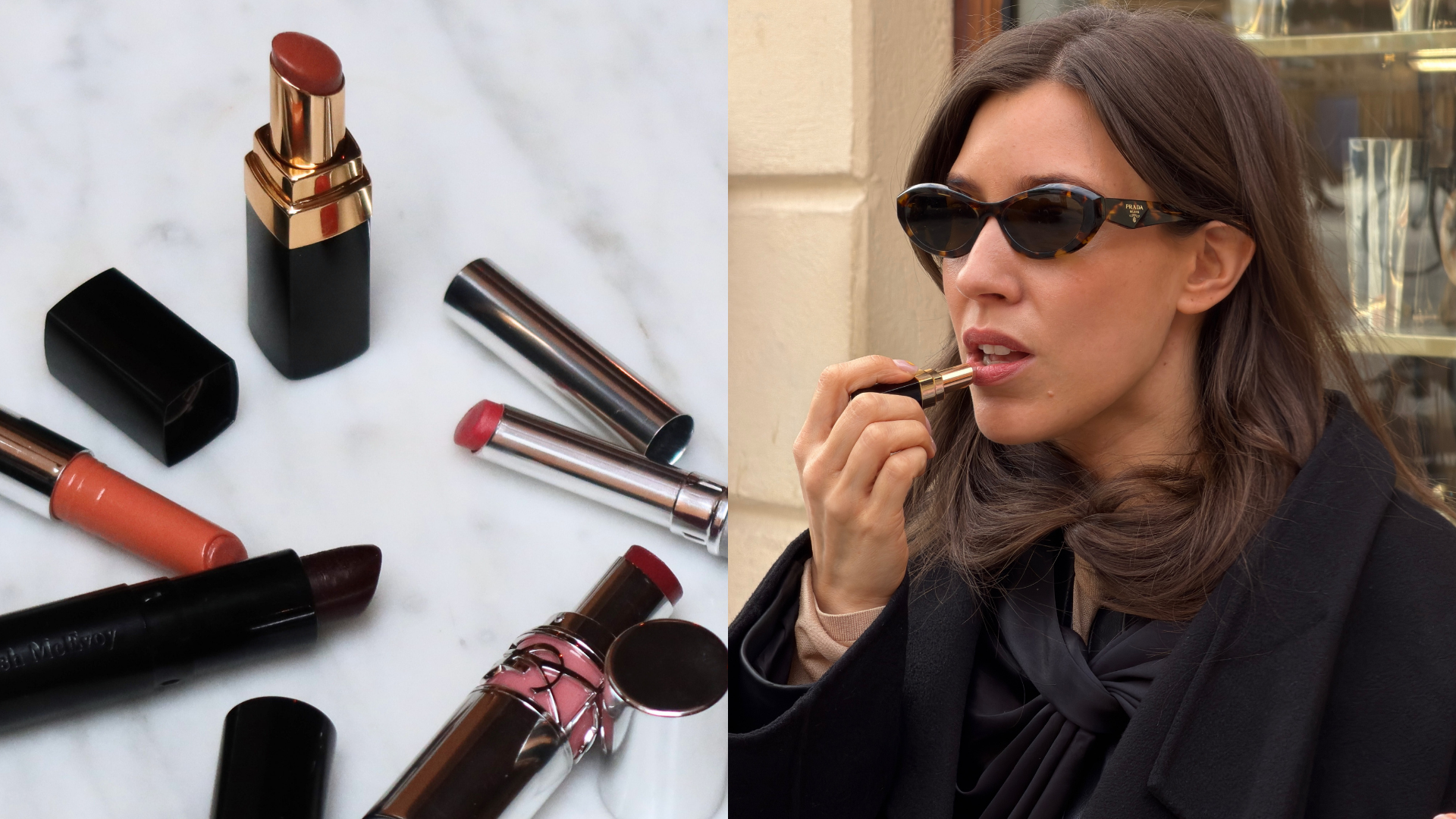 Läppstift från YSL, CAIA Cosmetics, Trish McEvoy, Clinique och Chanel ligger utspridda på ett marmorbord. Lina Livian applicerar läppstift från Chanel, hon har solglasögon