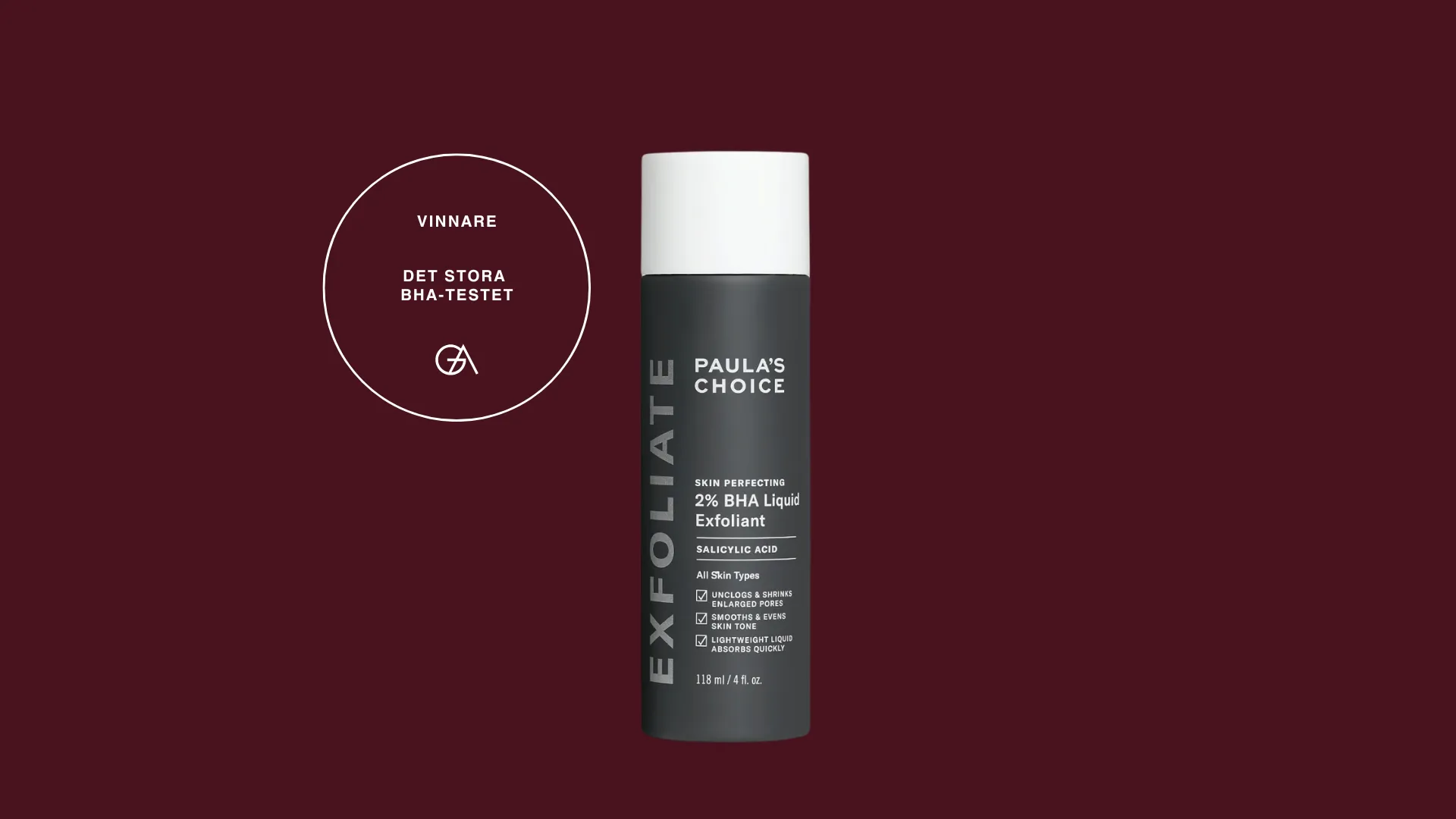 Bäst i test, BHA-syra: Paula’s Choice 2% BHA Liquid Exfoliant, produktbild med vinnarbadge