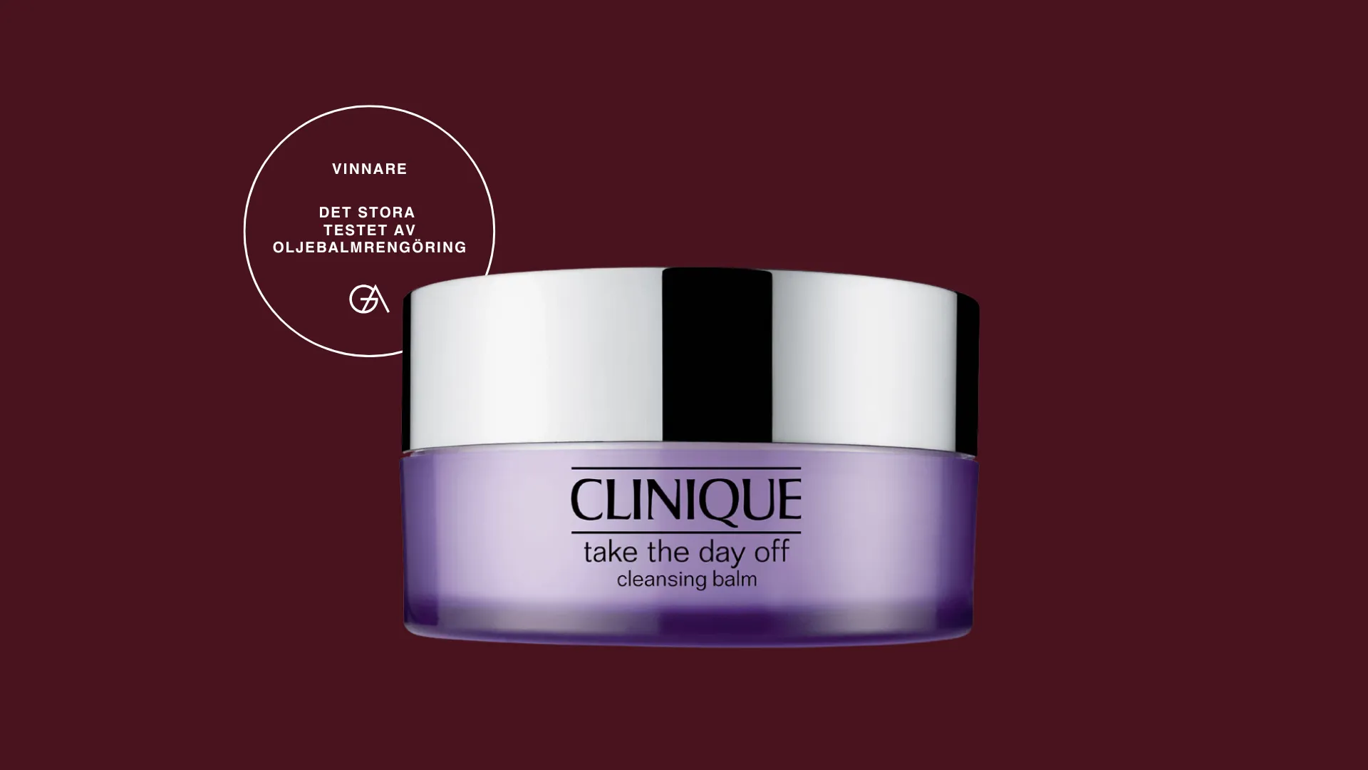 Bästa oljebalmrengöringen, bästa oljebalm: Clinique take the day off Cleansing Balm, bäst i Glowaddictions test. Produktbild mot röd bakgrund, badge som visar testvinnare
