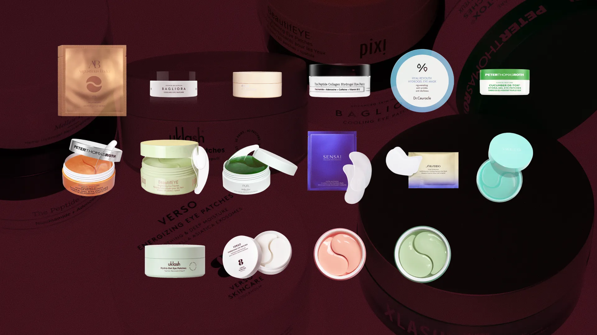 Bäst i test Eye Patches, stort test av Eye Patches, 16 olika produkter i kategorin Eye Patches uppställda mot röd bakgrund, bilden är i formatet 16:9.