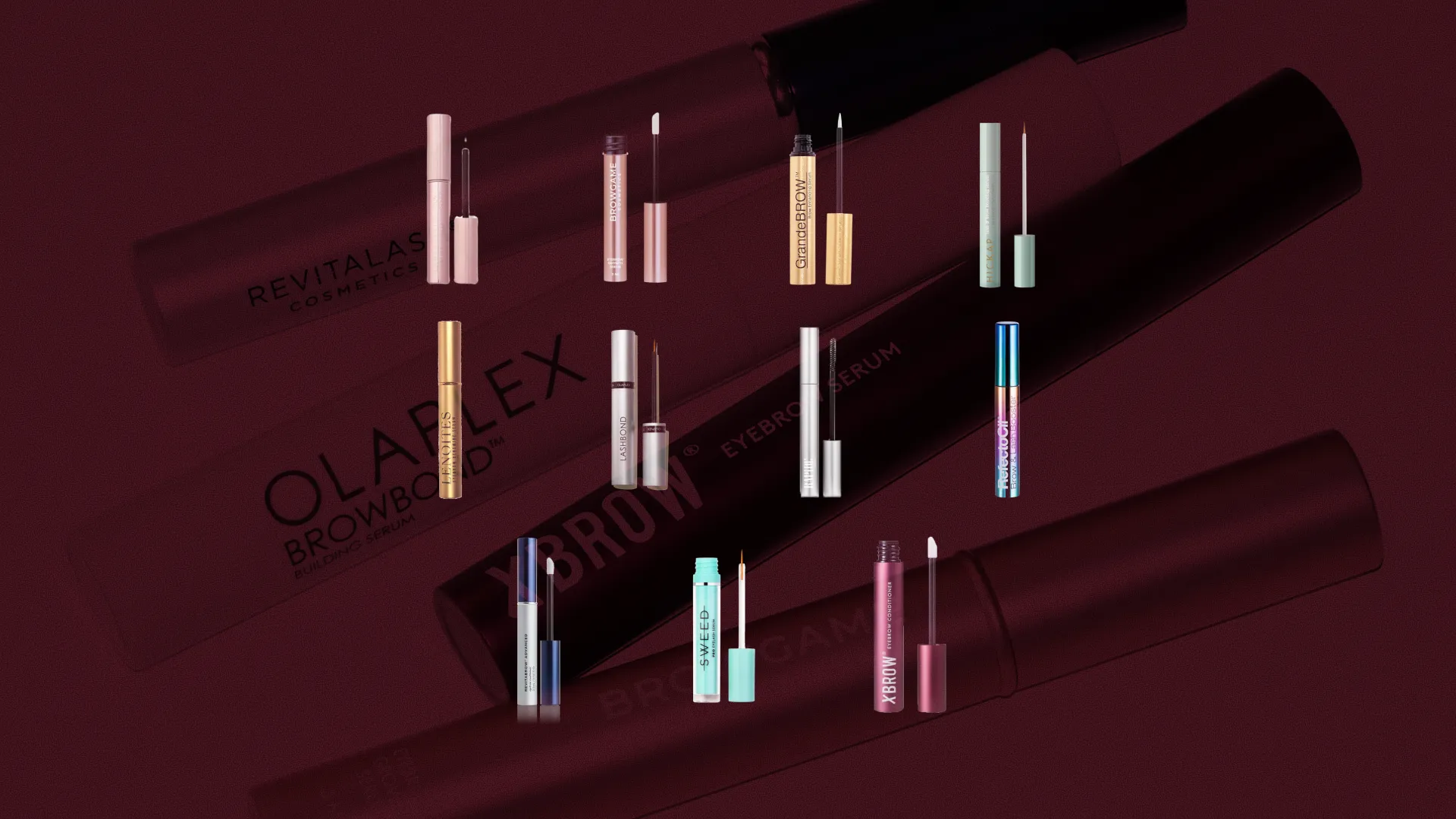 Bäst i test Brynserum, stort test av Brynserum, 11 olika produkter i kategorin Brynserum uppställda mot röd bakgrund, bilden är i 16:9-format.