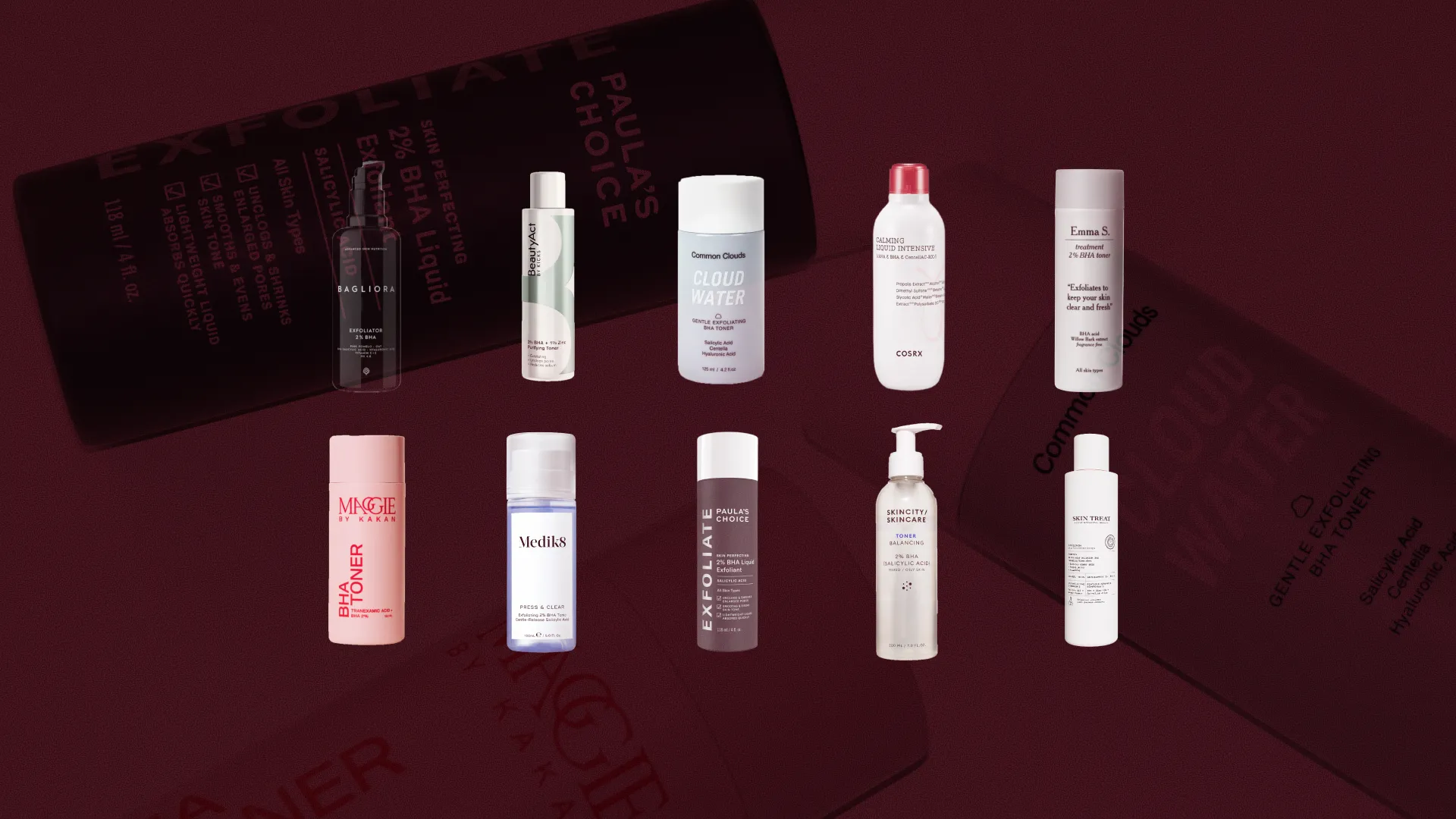 Bäst i test BHA-toner, stort test av BHA-toner, 10 olika produkter i kategorin BHA-toner uppställda mot röd bakgrund, bilden är i 16:9-format.