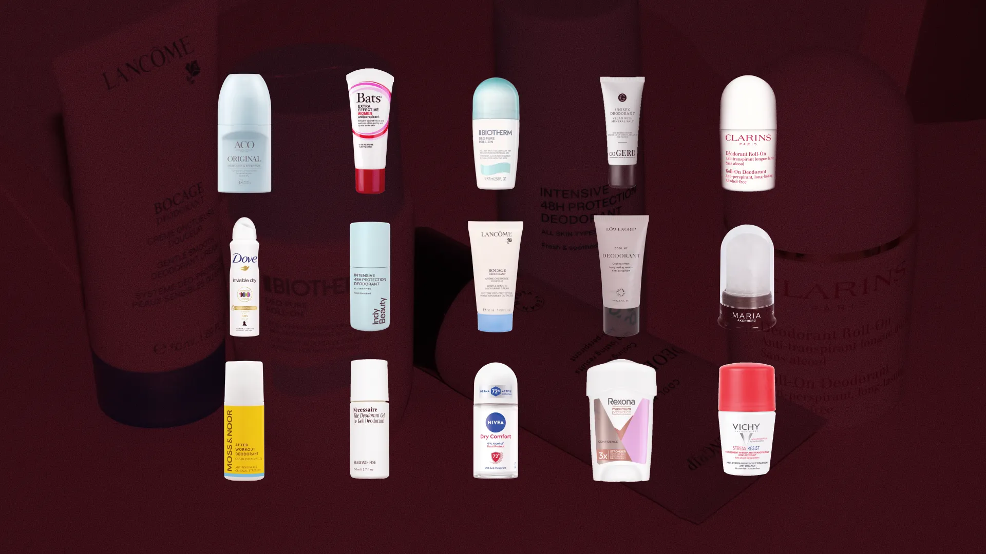 Bäst i test Deodorant, stort test av Deodorant, 15 olika produkter i kategorin Deodorant uppställda mot röd bakgrund, bilden är i formatet 16:9.