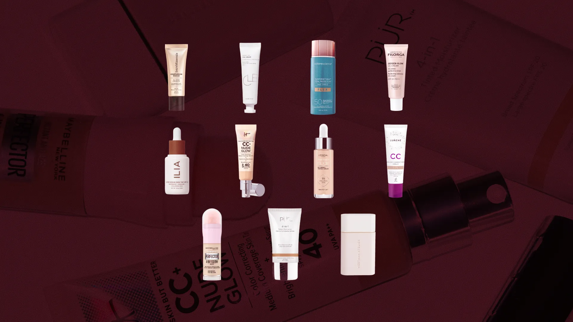 Bäst i test CC-cream, stort test av CC-cream, 11 olika produkter i kategorin CC-cream uppställda mot röd bakgrund, bilden är i formatet 16:9.