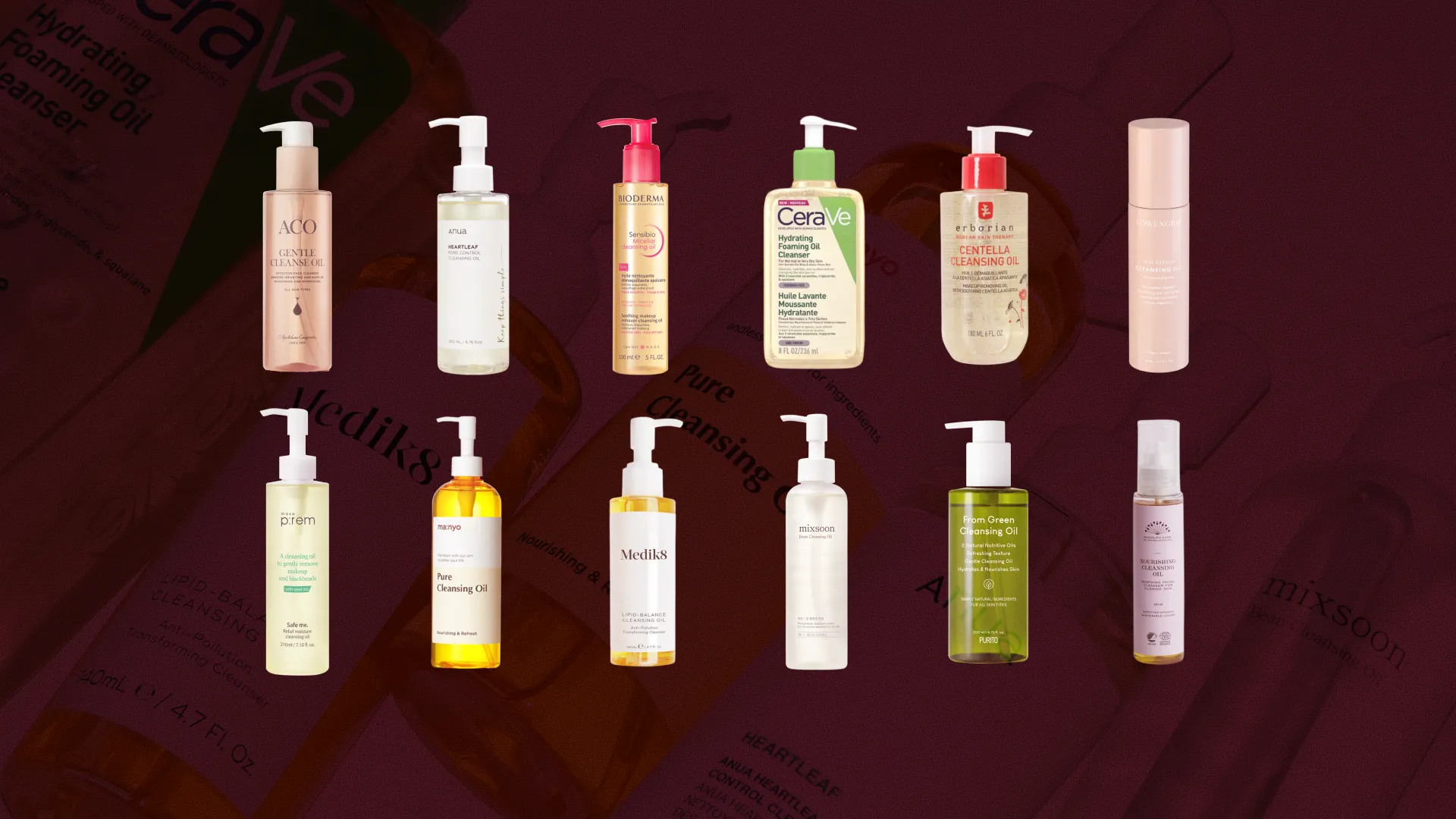 bästa oljerengöring, stort test av oljerengöringar, 12 olika produkter i kategorin oljerengöring uppställda mot röd bakgrund, bilden är i 16:9-format.