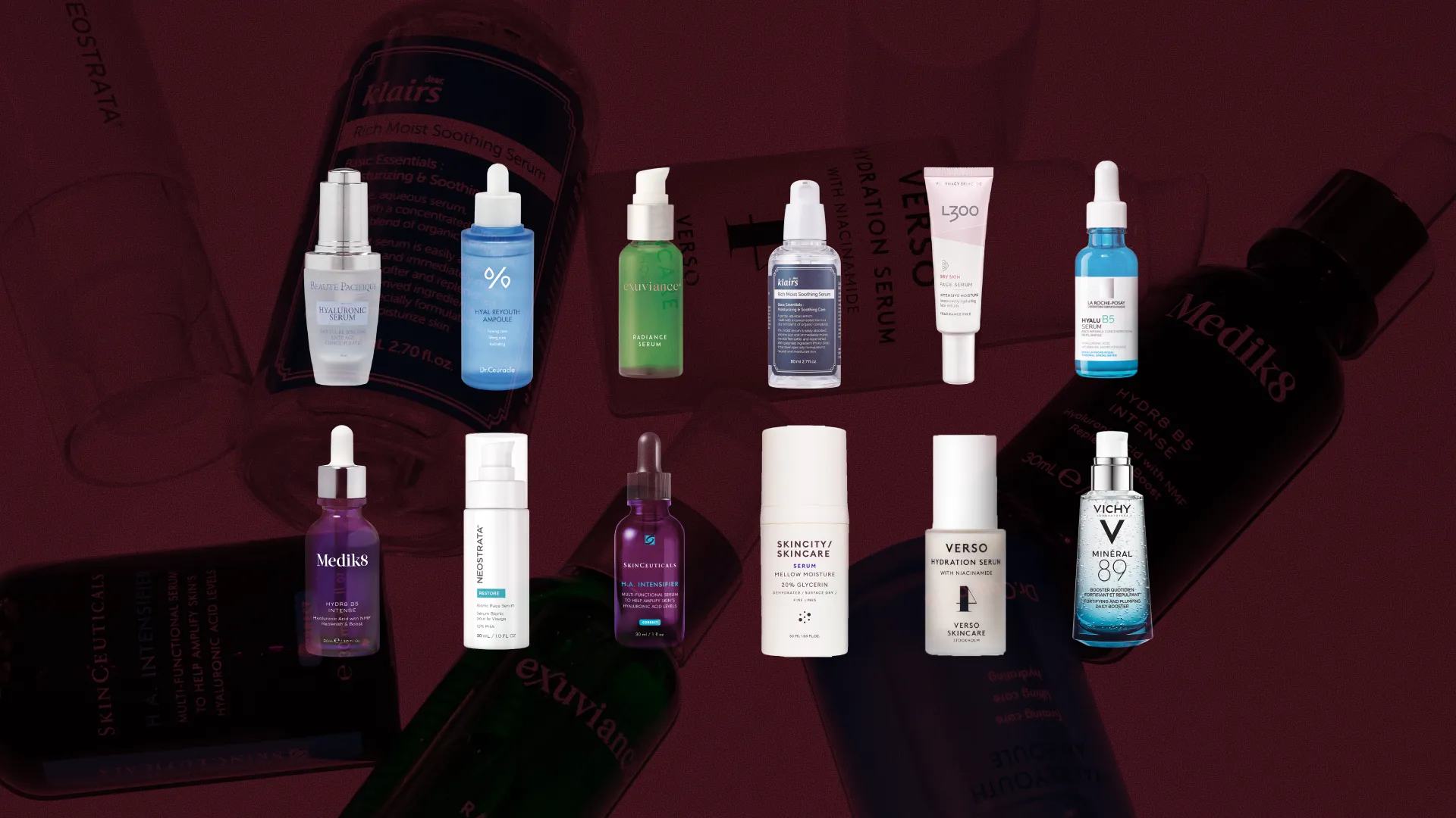 Bäst i test Fuktserum, stort test av Fuktserum, 12 olika produkter i kategorin Fuktserum uppställda mot röd bakgrund, bilden är i formatet 16:9.