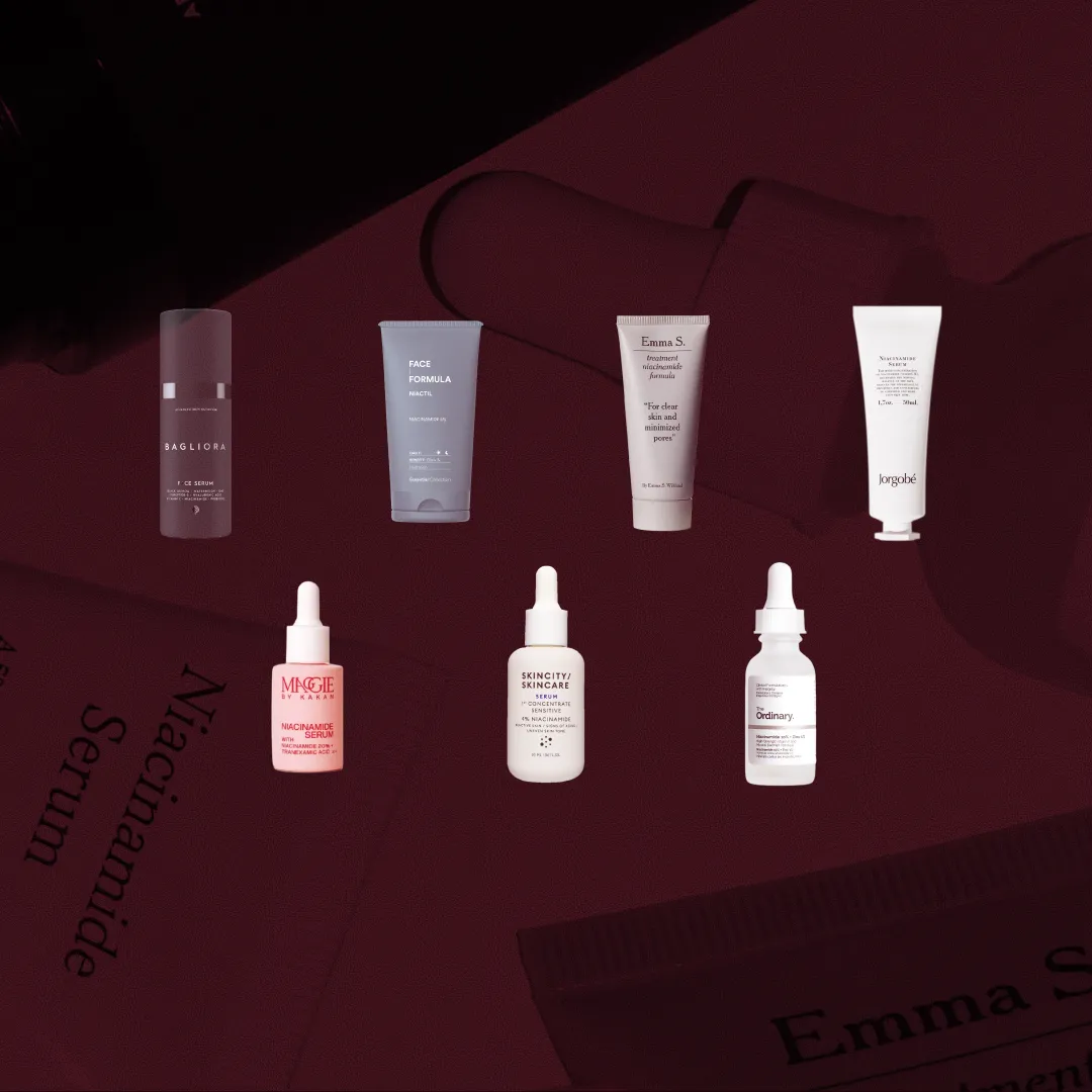 Bäst i test Niacinamidserum, stort test av Niacinamidserum, åtta olika produkter i kategorin Niacinamidserum uppställda mot röd bakgrund, bilden är i formatet 16:9.