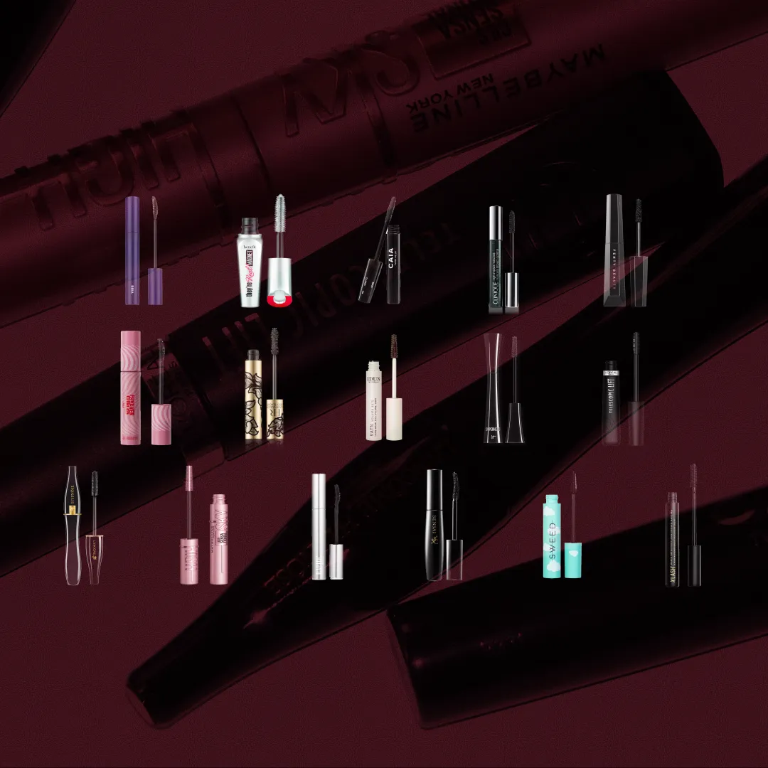 Bäst i test Mascara, stort test av Mascara, 16 olika mascaror uppställda mot röd bakgrund, bilden är i 16:9-format.