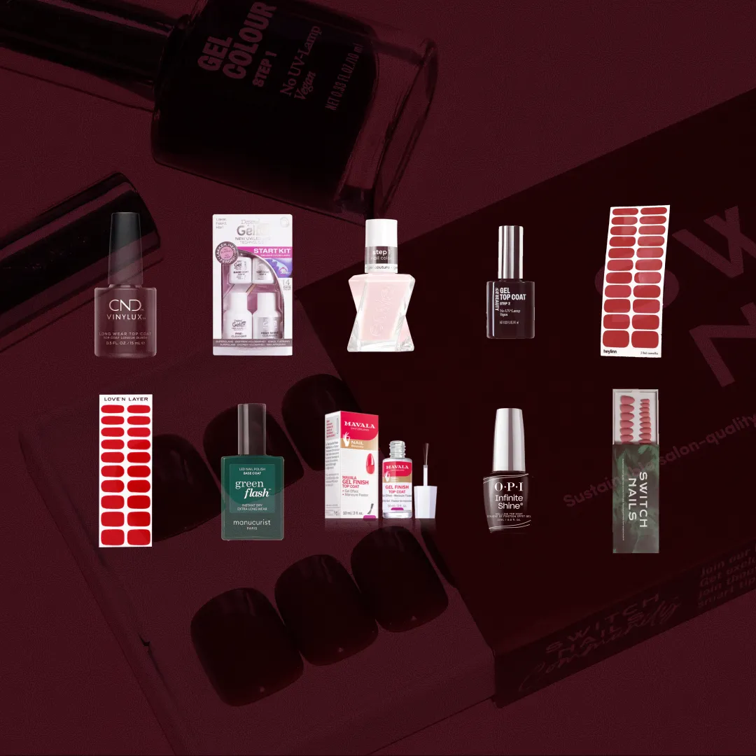 Bäst i test Hemmamanikyr, stort test av Hemmamanikyr, 10 olika produkter i kategorin Hemmamanikyr uppställda mot röd bakgrund, bilden är i 16:9-format.