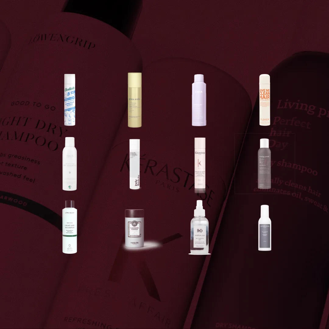 Bäst i test Torrschampo, stort test av Torrschampo, 11 olika produkter i kategorin Torrschampo uppställda mot röd bakgrund, bilden är i 16:9-format.