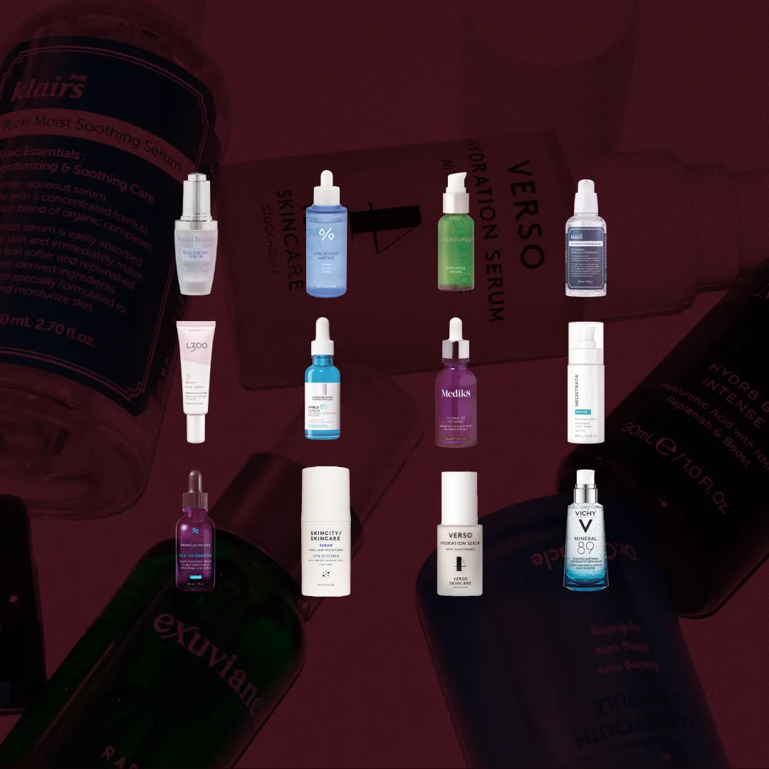 Bäst i test Fuktserum, stort test av Fuktserum, 12 olika produkter i kategorin Fuktserum uppställda mot röd bakgrund, bilden är i formatet 16:9.