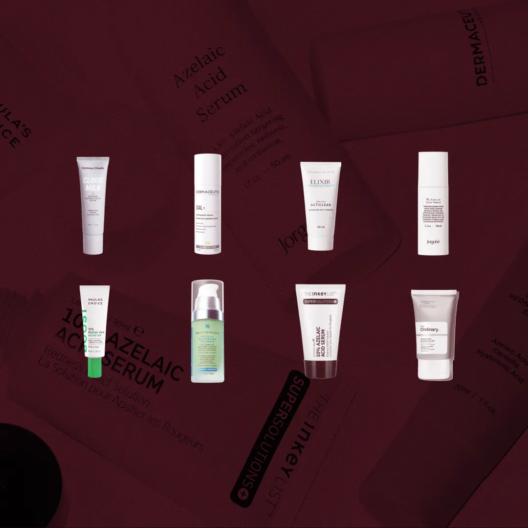 Bäst i test Azelainsyra: nio olika produkter av azelainsyra uppställda mot röd bakgrund, texten "Stort test av Azelainsyra" syns, bilden är i formatet 16:9.