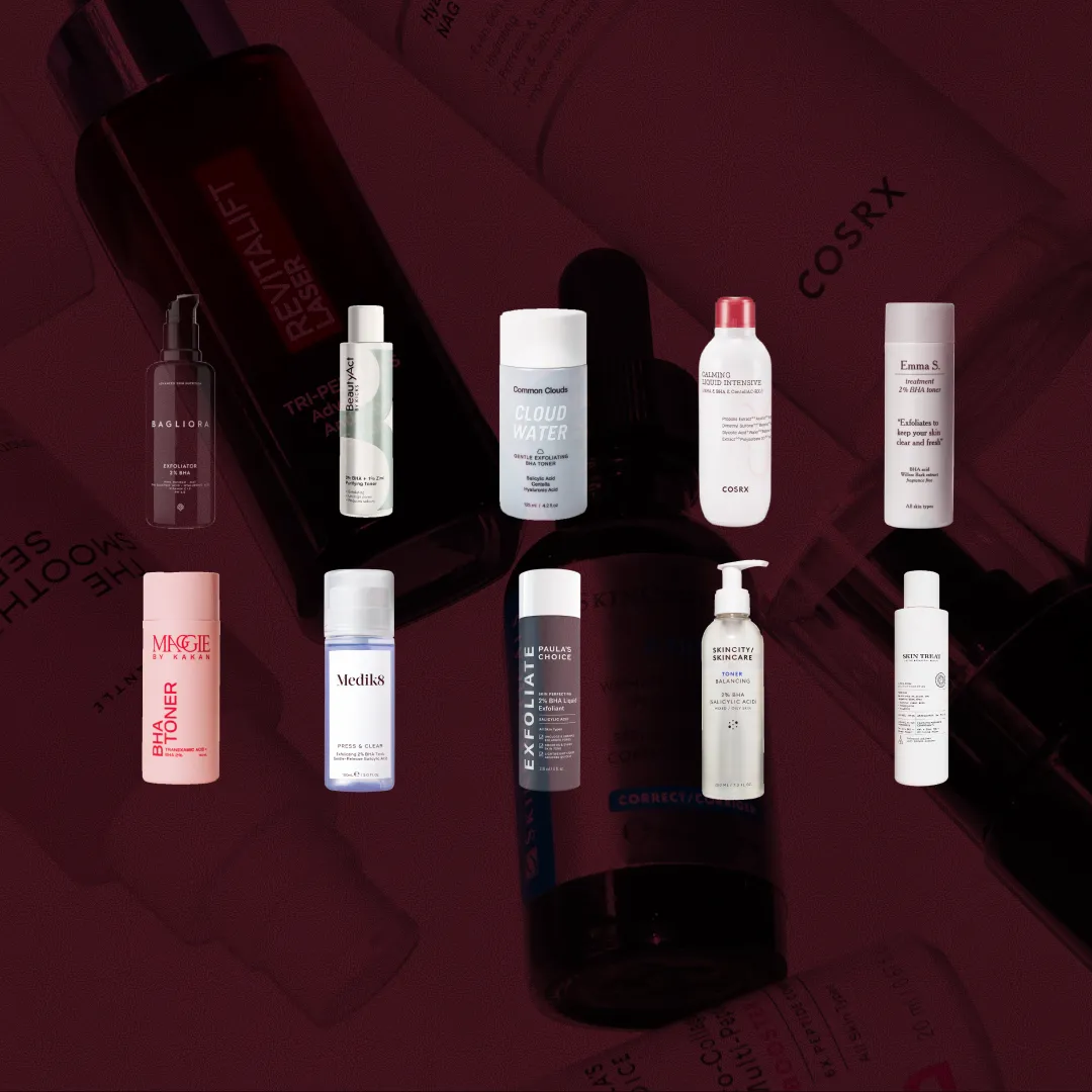 Bäst i test BHA-toner, stort test av BHA-toner, 10 olika produkter i kategorin BHA-toner uppställda mot röd bakgrund, bilden är i 16:9-format.