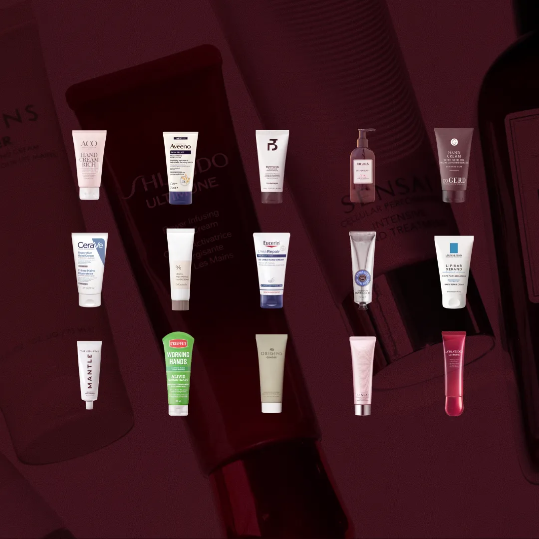 Bäst i test Handkräm, stort test av Handkräm, 15 olika produkter i kategorin Handkräm uppställda mot röd bakgrund, bilden är i 16:9-format.