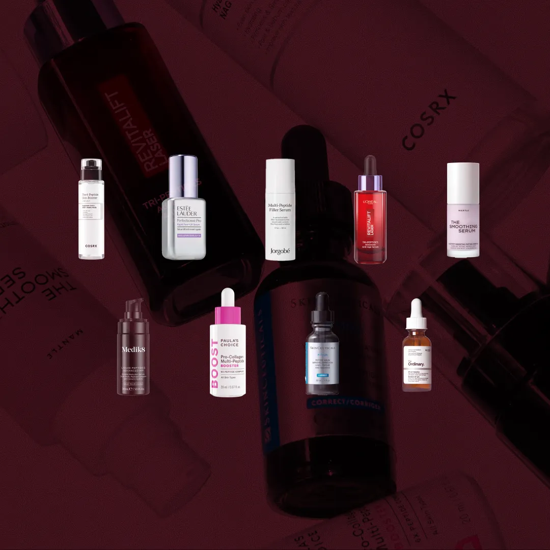 Bäst i test Peptidserum, stort test av Peptidserum, nio olika peptidserum-produkter uppställda mot röd bakgrund, bilden är i formatet 16:9.