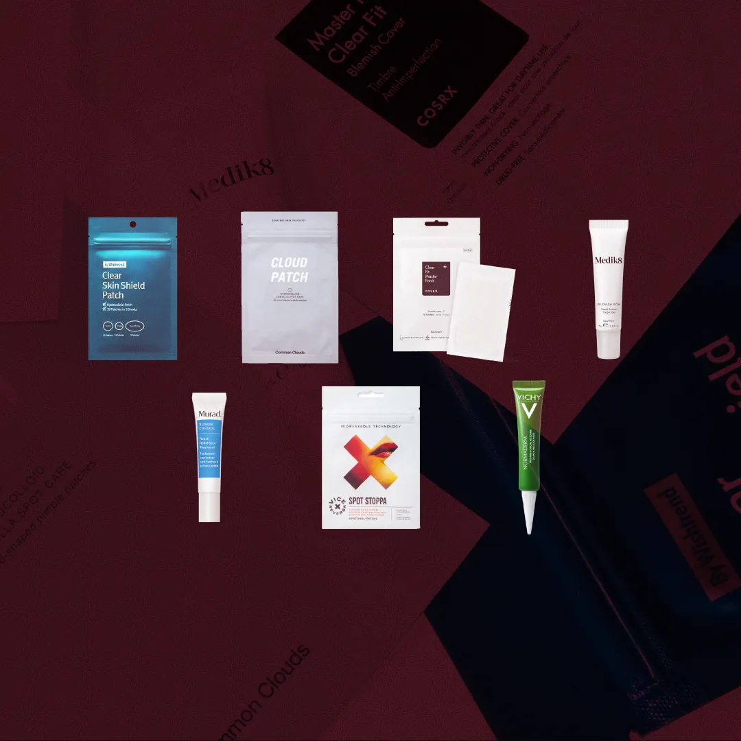 Bäst i test Spot treatment, stort test av Spot treatment, 7 olika produkter i kategorin Spot treatment uppställda mot röd bakgrund, bilden är i 16:9-format.