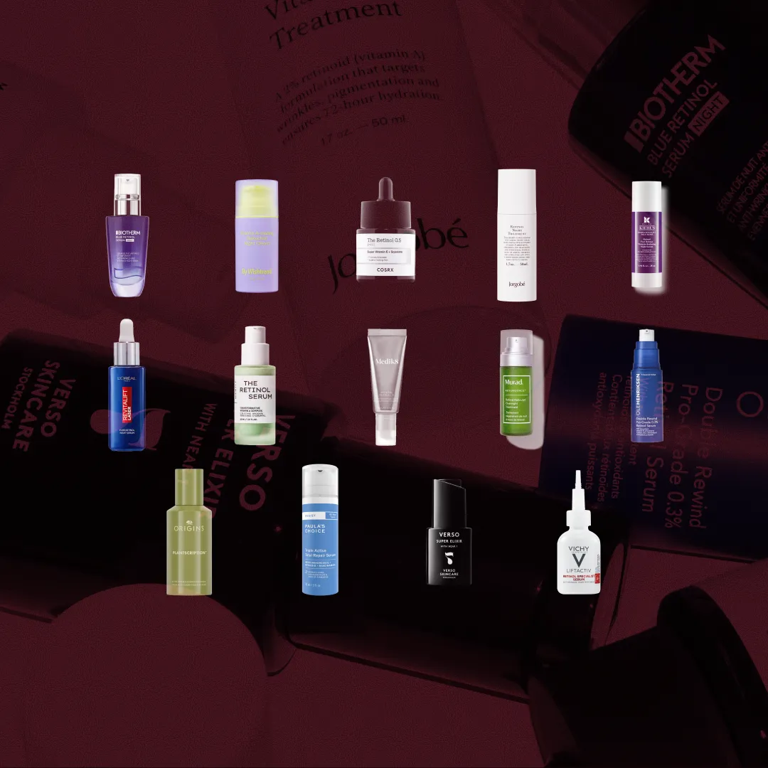 Bäst i test Retinoidserum, stort test av Retinoidserum, 14 olika produkter i kategorin Retinoidserum uppställda mot röd bakgrund, bilden är i formatet 16:9.