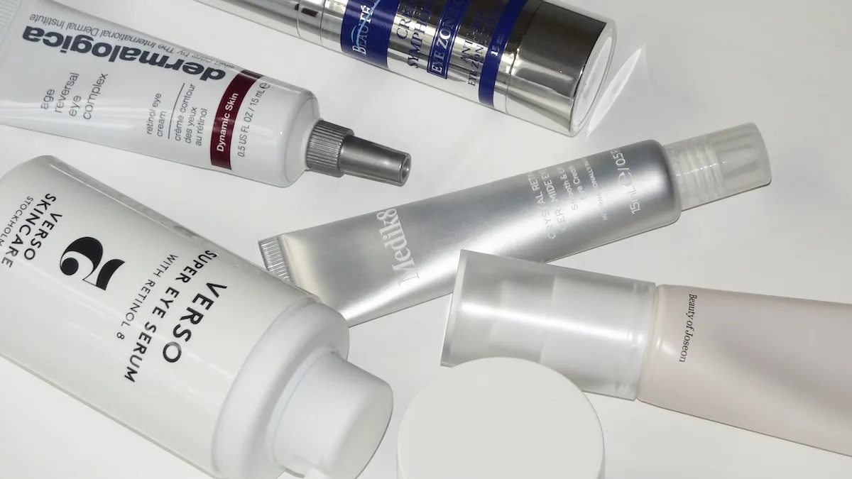 Ögonkräm med retinoider från Dermalogica, Medik8, Verso och Beauty of Joseon på vit bakgrund