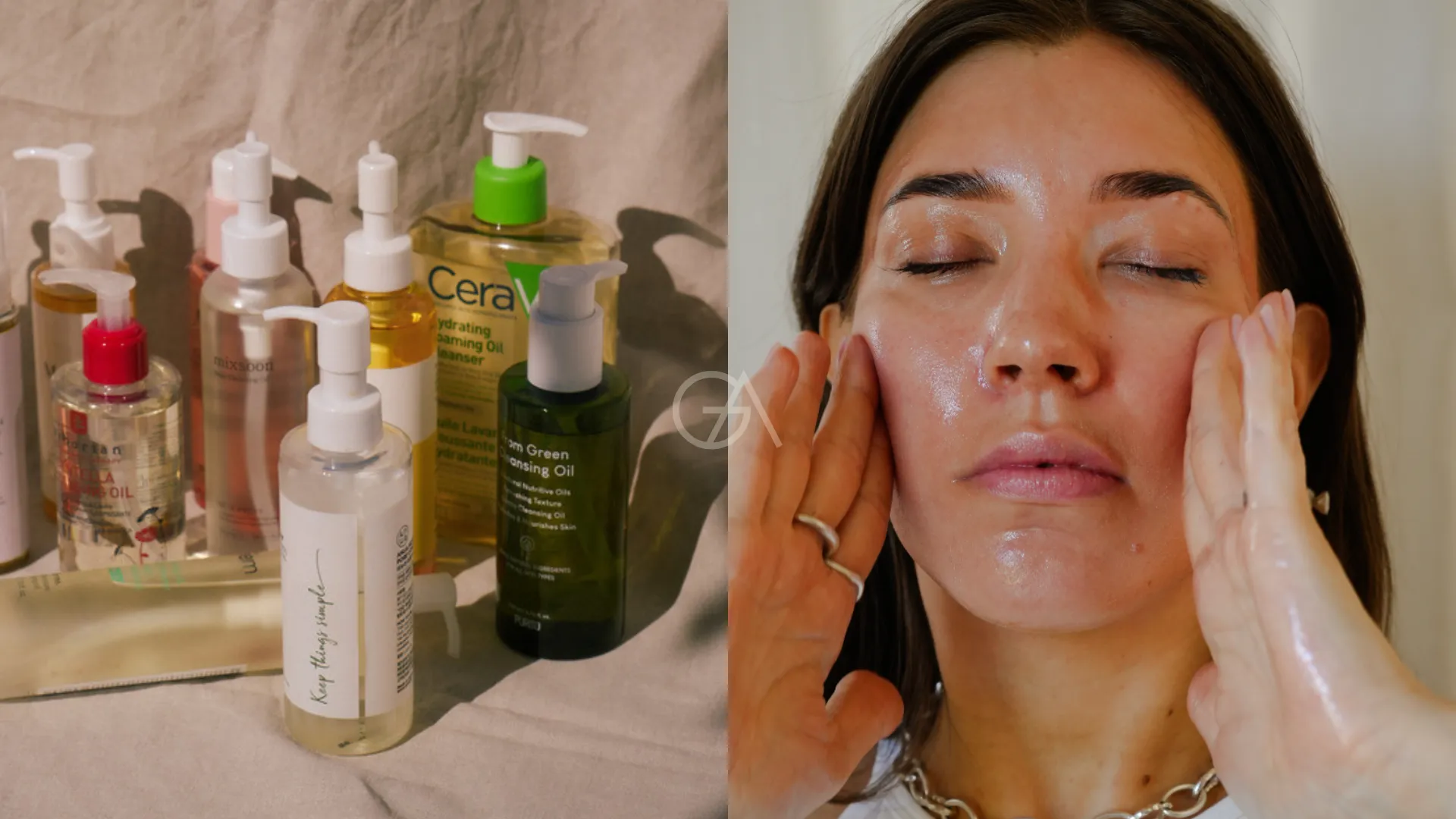 Oljerengöring produkter från Clinique, Maggie by Kakan, Paula’s Choice, The Ordinary, Banila Co och Elemis på vitt underlag.