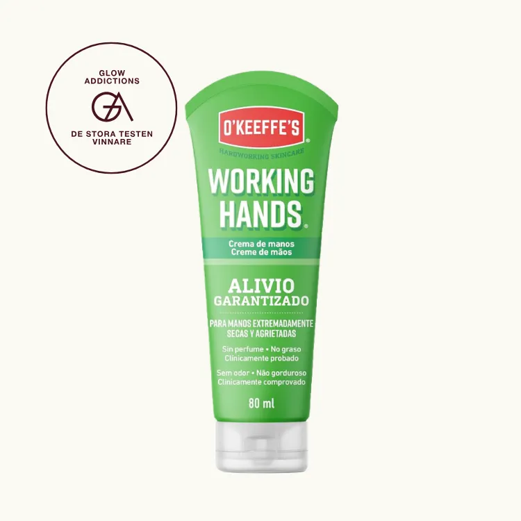 Bäst i test, Handkräm: O'Keeffe's Working Hands 80, som fick hela 4.80 av 5.00 av Glowaddictions testpanel. Bilden föreställer produkten mot krämfärgad bakgrund, med en ettikett som visar att produkten blev testvinnare.
