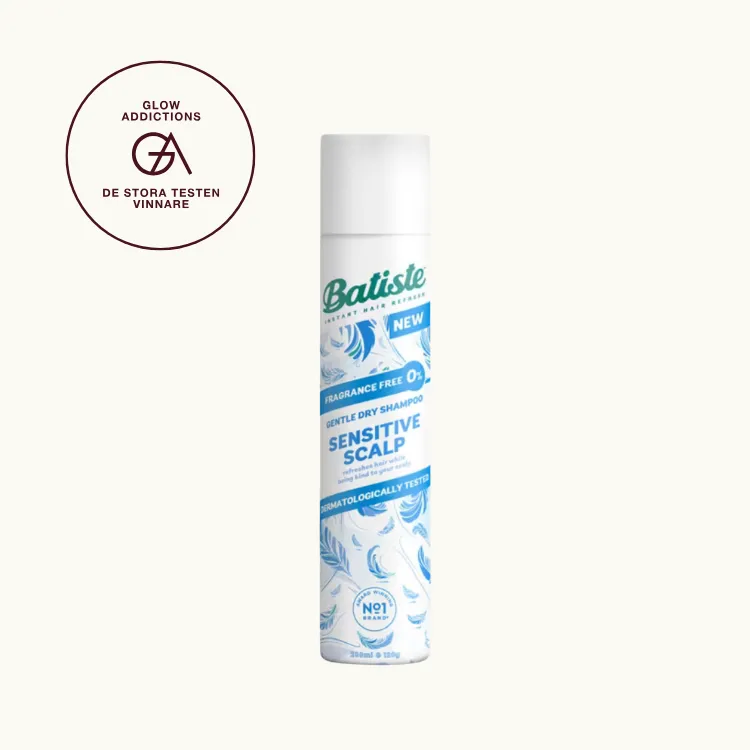 Bäst i test, Torrschampo för känslig hårbotten: Batiste Sensitive Scalp, som fick hela 4.00 av 5.00 av Glowaddictions testpanel.