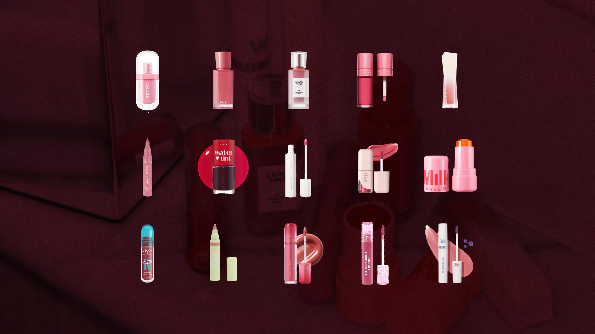 Bäst i test lip tints, bäst i test lip stains, topplista lip tints och lip stains, stort test av lip tints och lip stains, 15 olika produkter i kategorin lip tints och lip stains uppställda mot röd bakgrund, bilden är i 16:9-format.