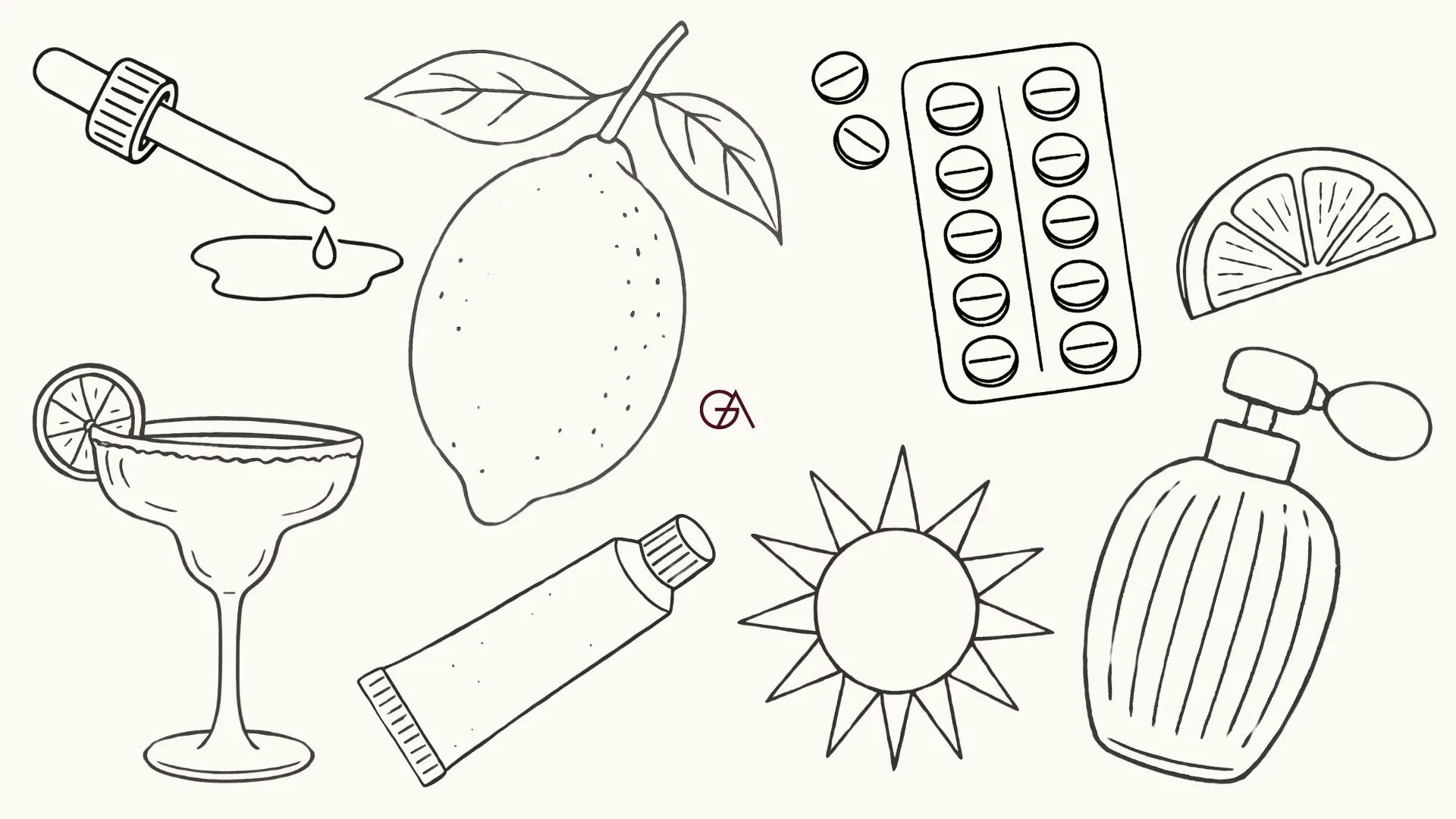 Använd inte lime när du är i solen, undvik parfym och håll koll på dina mediciner. Kollage som visar ett glas, citron, limeklyfta, hudvård som man ska undvika i solen