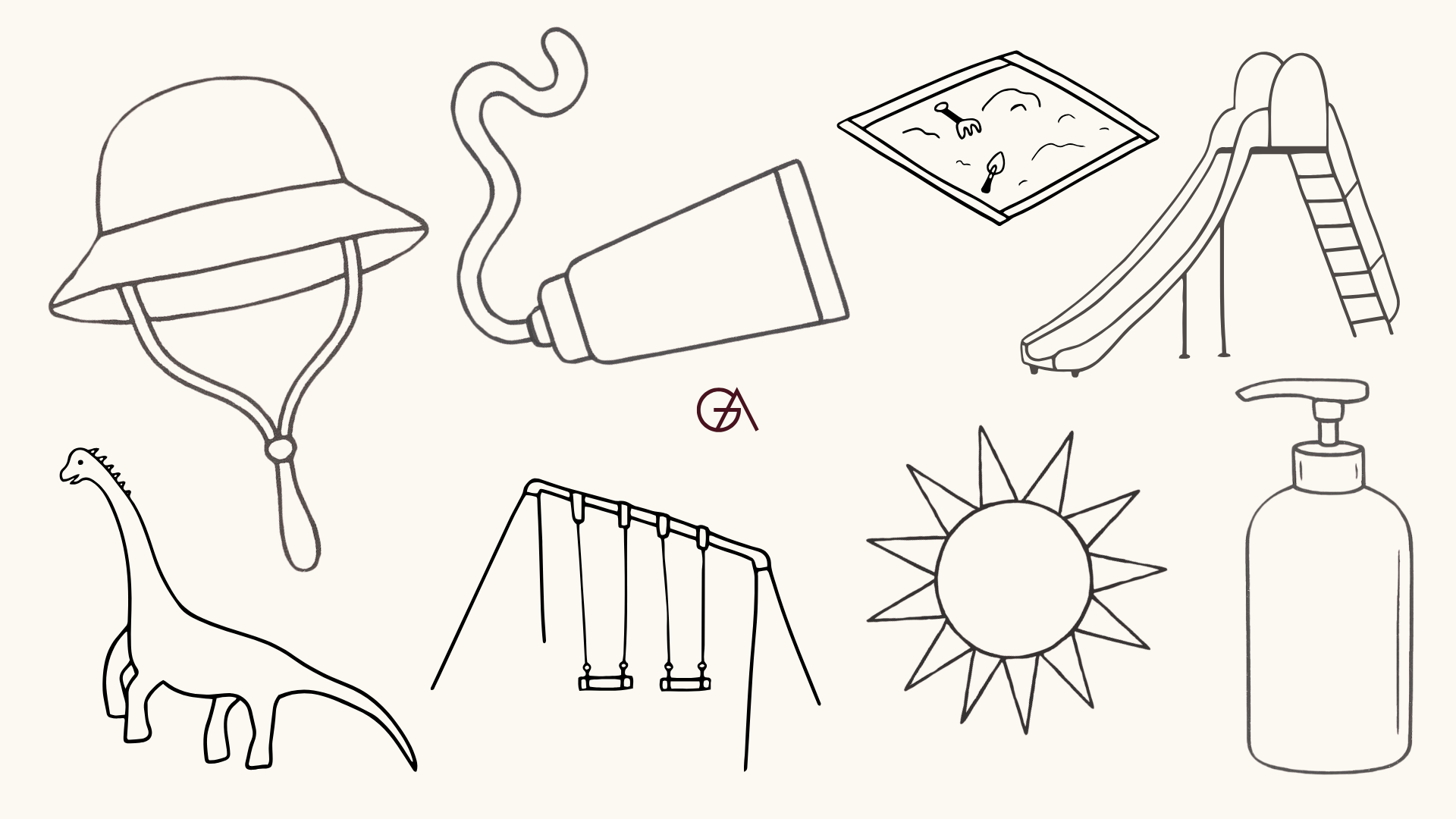 Tips till pedagogerna som vill lyckas med att smörja in barnen med solkräm, illustration med solkräm, förskola, leksaker, dinosaurie, sol. Krämfärgad bakgrund.
