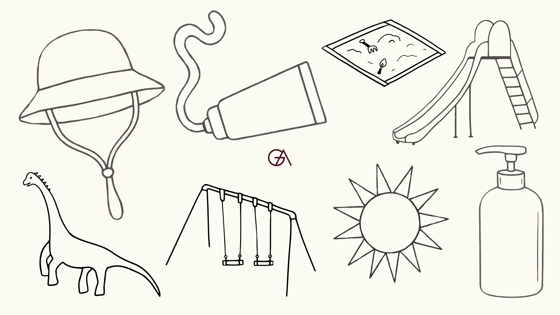 Tips till pedagogerna som vill lyckas med att smörja in barnen med solkräm, illustration med solkräm, förskola, leksaker, dinosaurie, sol. Krämfärgad bakgrund.