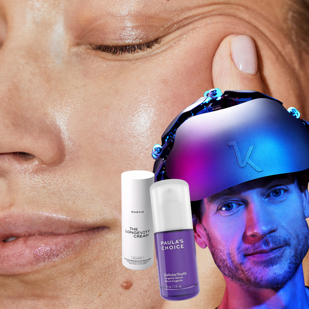 Longevity hudvård, longevity skincare, kollage med Glowaddictions grundare Lina Livian, två produkter inom longevity från Paula's Choice och Mantle, plus Bryan Johnson