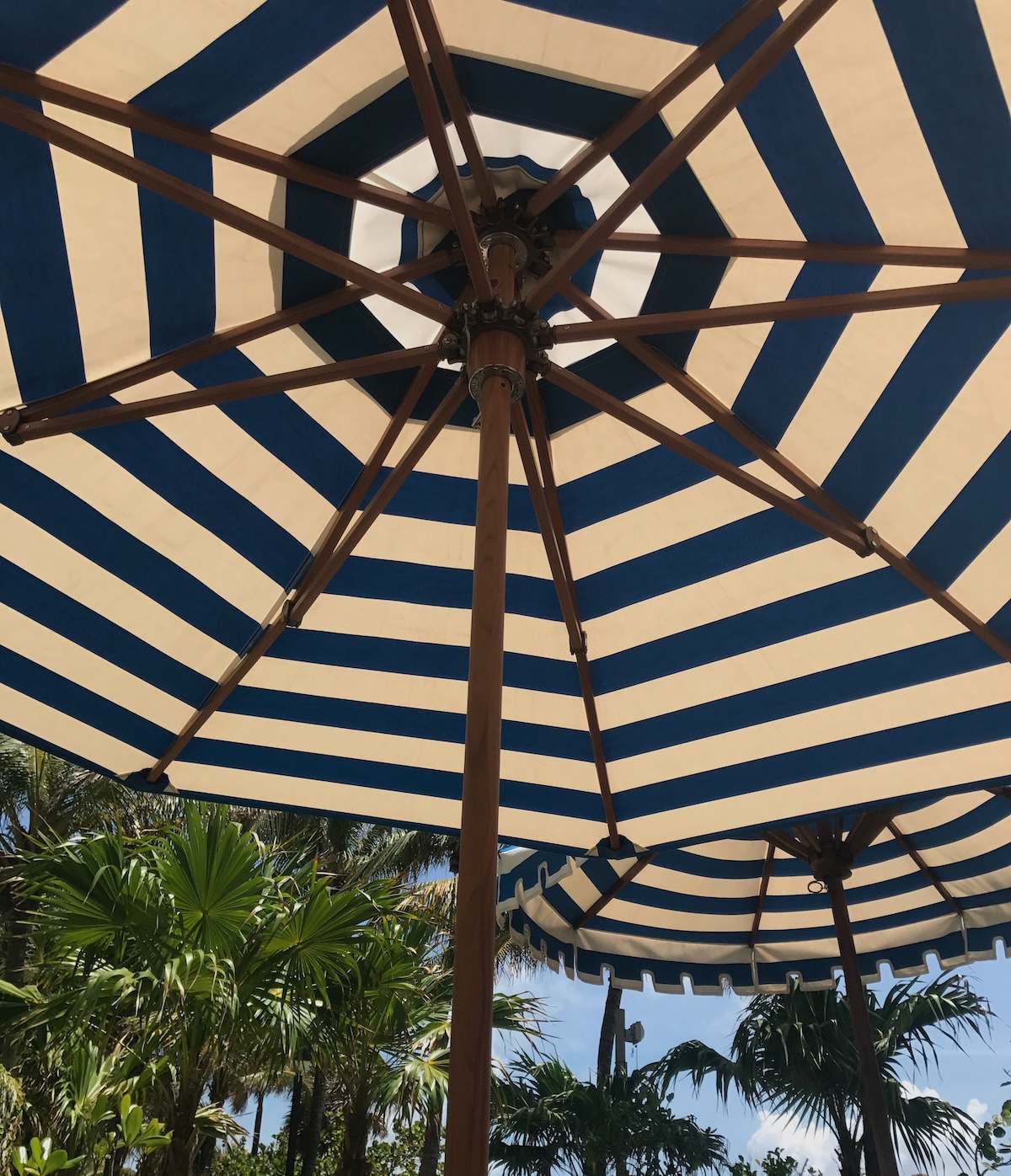 Solkräm på semestern, hur mycket? Bilden föreställer ett parasoll i Miami med palmer i bakgrunden.