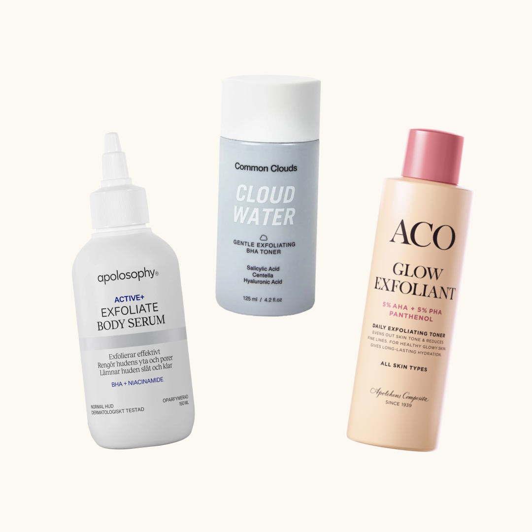 Exfoliera huden före rakning! Här ser vi olika toners från Apolosophy, Common Clouds och ACO