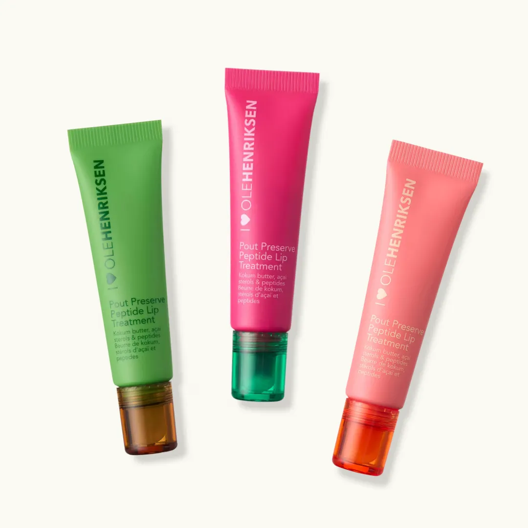 Ole Henriksen Pout Preserve Chillers Peptide Lip Treatment , produktbilder på tre läppbalsam