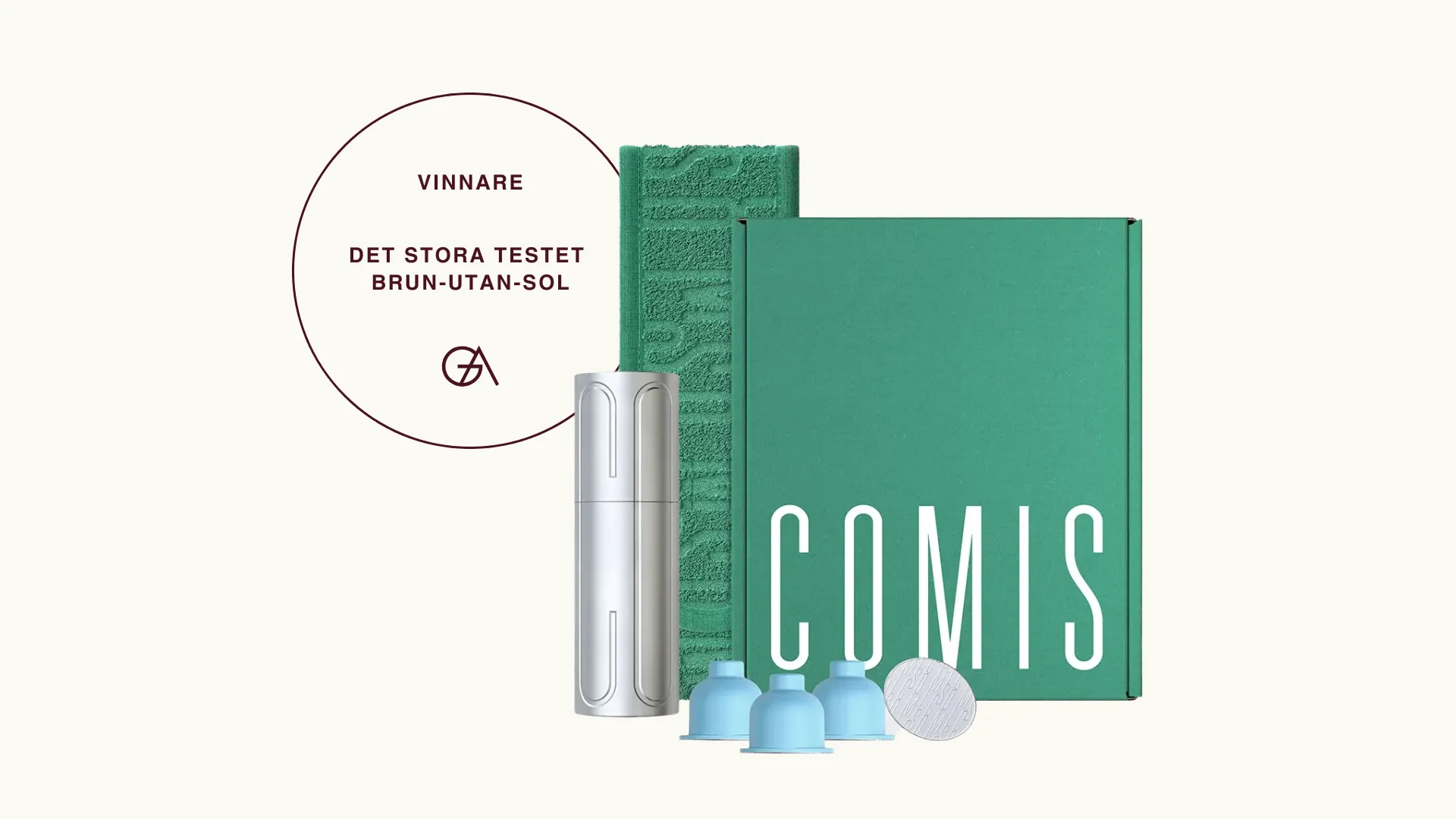 Brun utan sol bäst i test, bus bäst i test, Comis True Tan är bäst i test av brun utan sol enligt Glowaddictions testpanel. Produktbild med vinnarbadge.