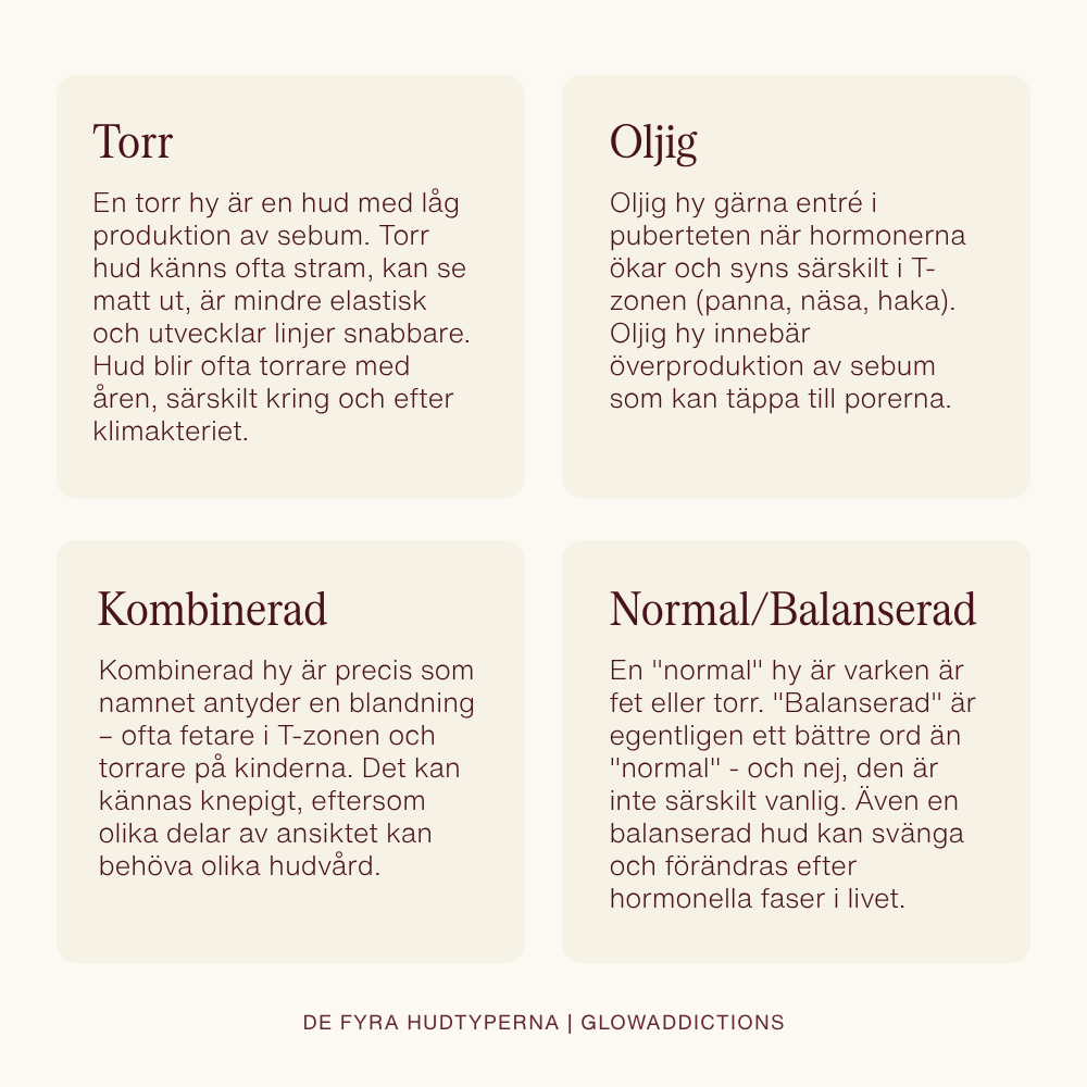 Hudtyper, alla fyra hudtyper, bilden är en illustration som visar alla hudtyper