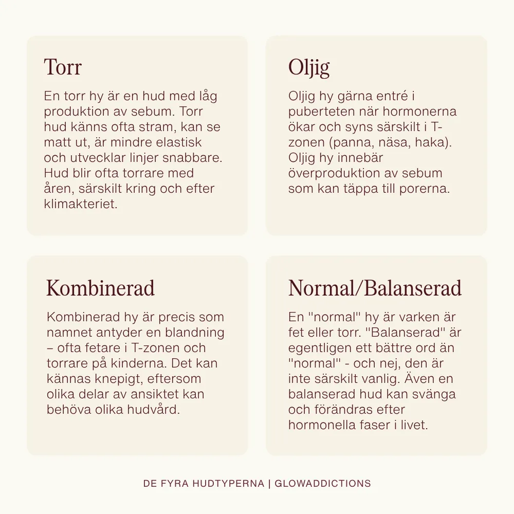 Hudtyper, alla fyra hudtyper, bilden är en illustration som visar alla hudtyper