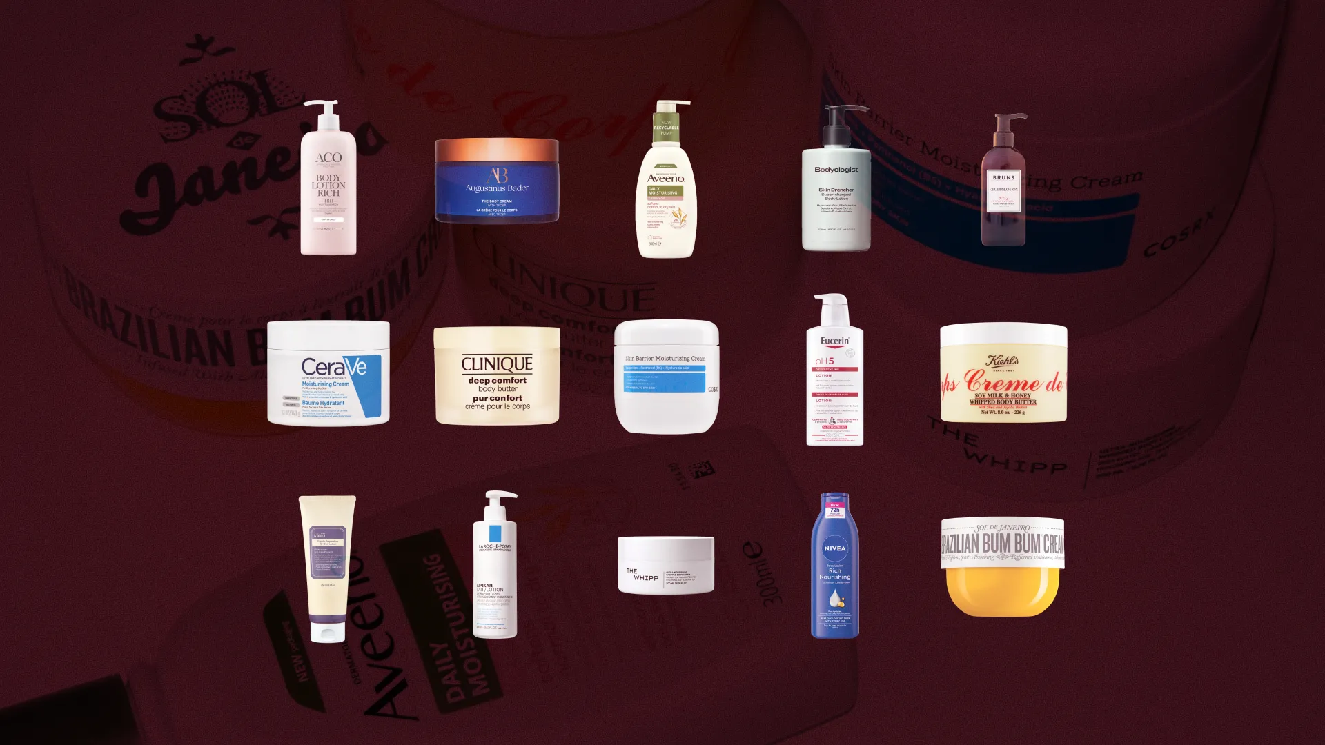 Bäst i test Body lotion, stort test av Body lotion, 15 olika produkter i kategorin Body lotion uppställda mot röd bakgrund, bilden är i formatet 16:9.